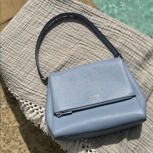 KATE SPADE Leila Light Blue Pebbled Leather Shoulder Bag with Silver Detailing